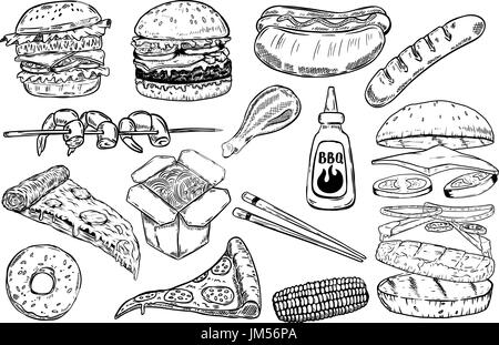 Set of hand drawn fast food illustrations. Burger, pizza, hot dog, china food, grilled corn, shrimps,donuts. Design elements for menu, poster Stock Vector