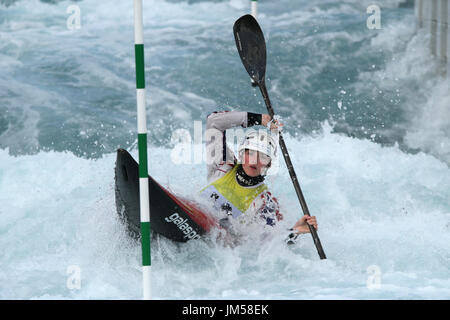 Rebecca Ogilvie competes at Lee Valley White Water Centre during British selection for the team GB for European and World championships. Stock Photo