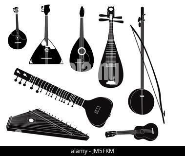 Ethnic music instruments vector set. Musical instrument silhouette on white background. Stock Photo