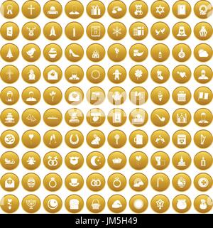 100 religious festival icons set gold Stock Vector