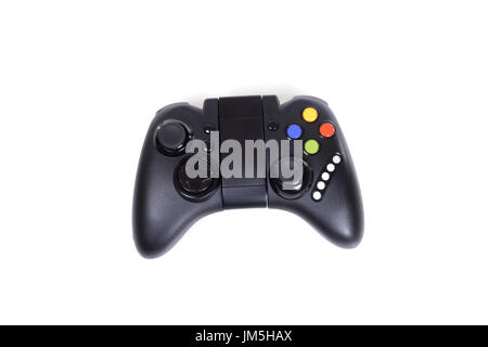 Black gaming joystick, with additional controls. Front view isolated on white background Stock Photo