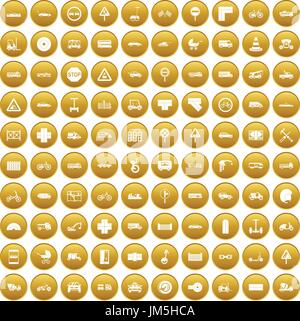 100 road icons set gold Stock Vector