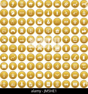 100 robot icons set gold Stock Vector