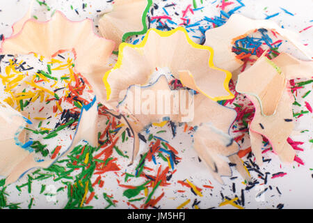 Shavings after sharpening color pencils close-up view from above Stock Photo