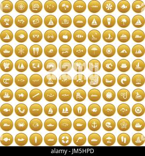 100 sea icons set gold Stock Vector
