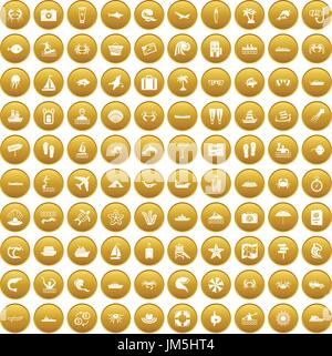 100 sea life icons set gold Stock Vector