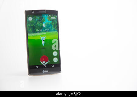 Hertfordshire, UK – August 26, 2016: LG G4 smart phone showing screen shot of nearby sighting on Pokemon Go, A very popular augmented reality app for  Stock Photo