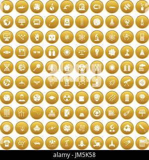 100 space technology icons set gold Stock Vector