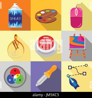 Art tools icons set, flat style Stock Vector