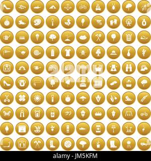 100 spring icons set gold Stock Vector