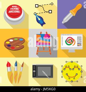 Art school icons set, flat style Stock Vector
