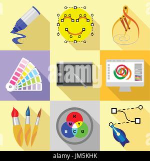 Digital drawing icons set, flat style Stock Vector