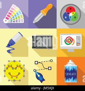 Artist equipment icons set, flat style Stock Vector