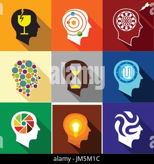 Brain activity icons set, flat style Stock Vector