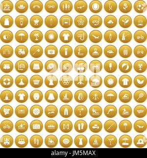 100 summer icons set gold Stock Vector