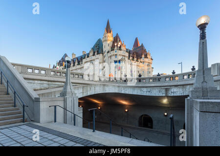 Sapper's Staircase and a pedestrian tunnel that passes underneath the Plaza Bridge with the Fairmont Château Laurier in the background in Ottawa. Stock Photo
