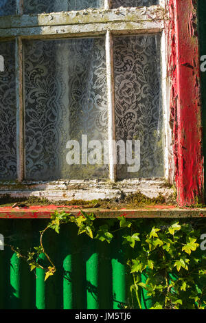 Window of abandoned cottage in the Mourne Mountains, County Down, Northern Ireland, July 2017. Stock Photo