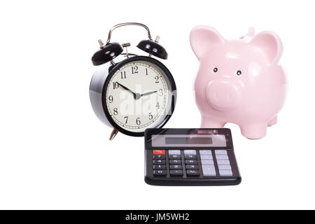 Financial deadline, planning and savings concept with a pink piggy bank, calculator and retro alarm clock isolated on white Stock Photo