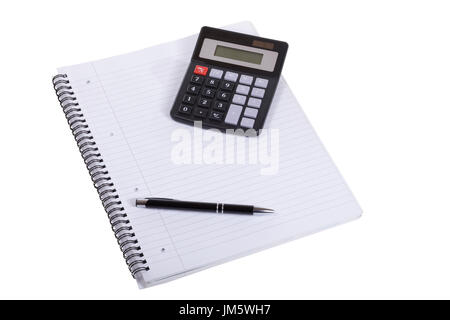 Simple portable calculator with a pen and notebook isolated on white in a business, financial, education or planning concept Stock Photo