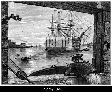 1870: 1870: An old tar (sailor) viewing HMS Victory in Portsmouth Harbour off Gosport. She is a 104-gun first-rate ship of the line of the Royal Navy, ordered in 1758, laid down in 1759 and launched in 1765. She is best known for her role as Lord Nelson's flagship at the Battle of Trafalgar in 1805. Hampshire, England. Stock Photo