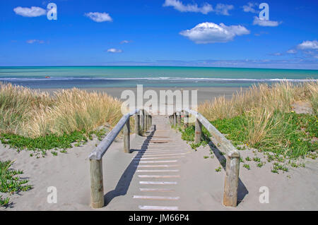 Walkway through sand dunes at New Brighton Beach, New Brighton, Christchurch, Canterbury, South Island, New Zealand Stock Photo