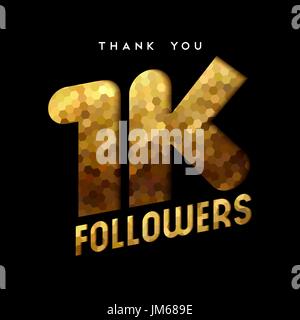 1000 followers thank you gold paper cut number illustration. Special 1k user goal celebration for one thousand social media friends, fans or subscribe Stock Vector