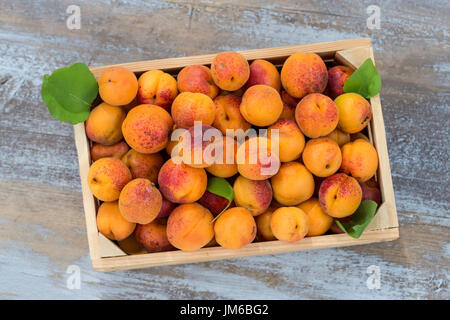 wood box with apricots on a old wooden background Top view Stock Photo