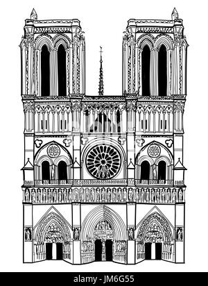 Notre Dame de Paris cathedral, France. Hand drawing vector illustration isolated on white background. Stock Photo