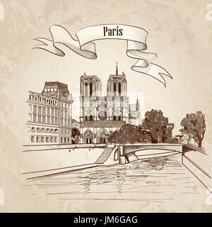 Notre Dame de Paris cathedral, France. Hand drawing vector illustration isolated on old paper background. Stock Photo