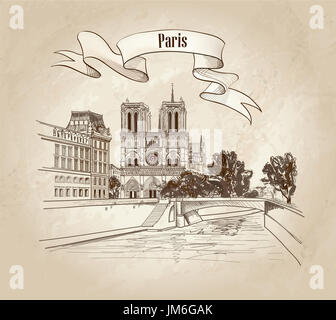 Notre Dame de Paris cathedral, France. Hand drawing vector illustration isolated on old paper background. Stock Photo