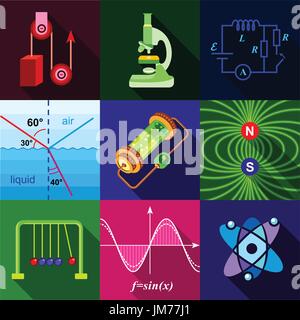 School science program icons set, flat style Stock Vector