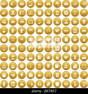 100 tea time food icons set gold Stock Vector