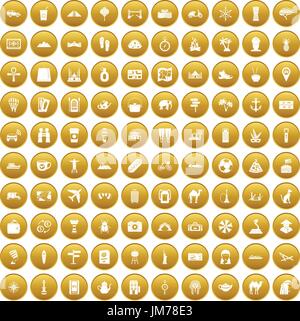 100 tourism icons set gold Stock Vector