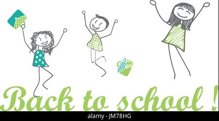 Schoolchildren, girl and boy, their mother or teacher, jump out of joy on the occasion of back to school Stock Vector