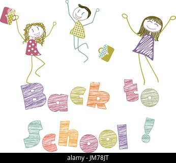 Schoolchildren, girl and boy, their mother or teacher, jump out of joy on the occasion of back to school Stock Vector