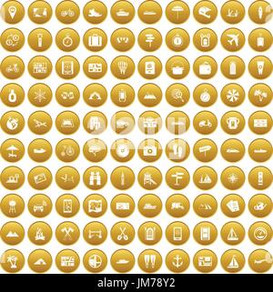100 travel icons set gold Stock Vector