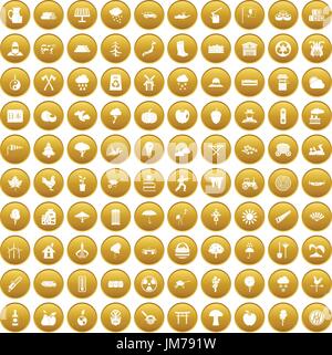 100 tree icons set gold Stock Vector