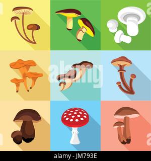 Edible and inedible mushroom icons set, flat style Stock Vector