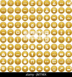 100 urban icons set gold Stock Vector