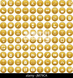 100 vacation icons set gold Stock Vector