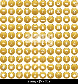 100 vegetables icons set gold Stock Vector