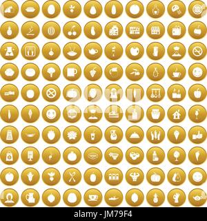 100 vegetarian cafe icons set gold Stock Vector