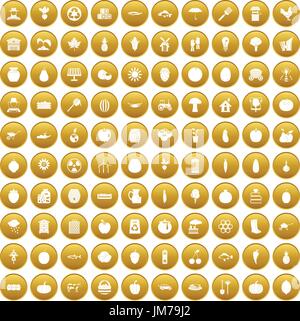 100 vitamins icons set gold Stock Vector
