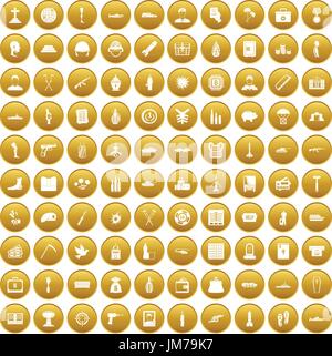 100 war crimes icons set gold Stock Vector