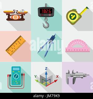 Measure tools icons set, flat style Stock Vector