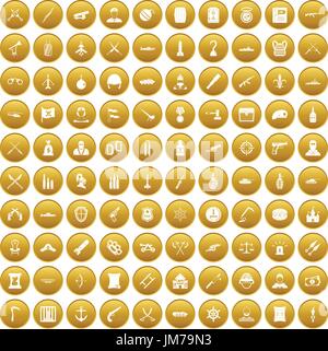 100 weapons icons set gold Stock Vector