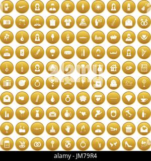 100 wedding icons set gold Stock Vector