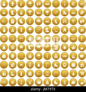 100 winter icons set gold Stock Vector