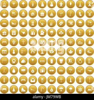 100 winter holidays icons set gold Stock Vector