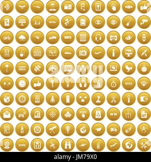 100 wireless technology icons set gold Stock Vector